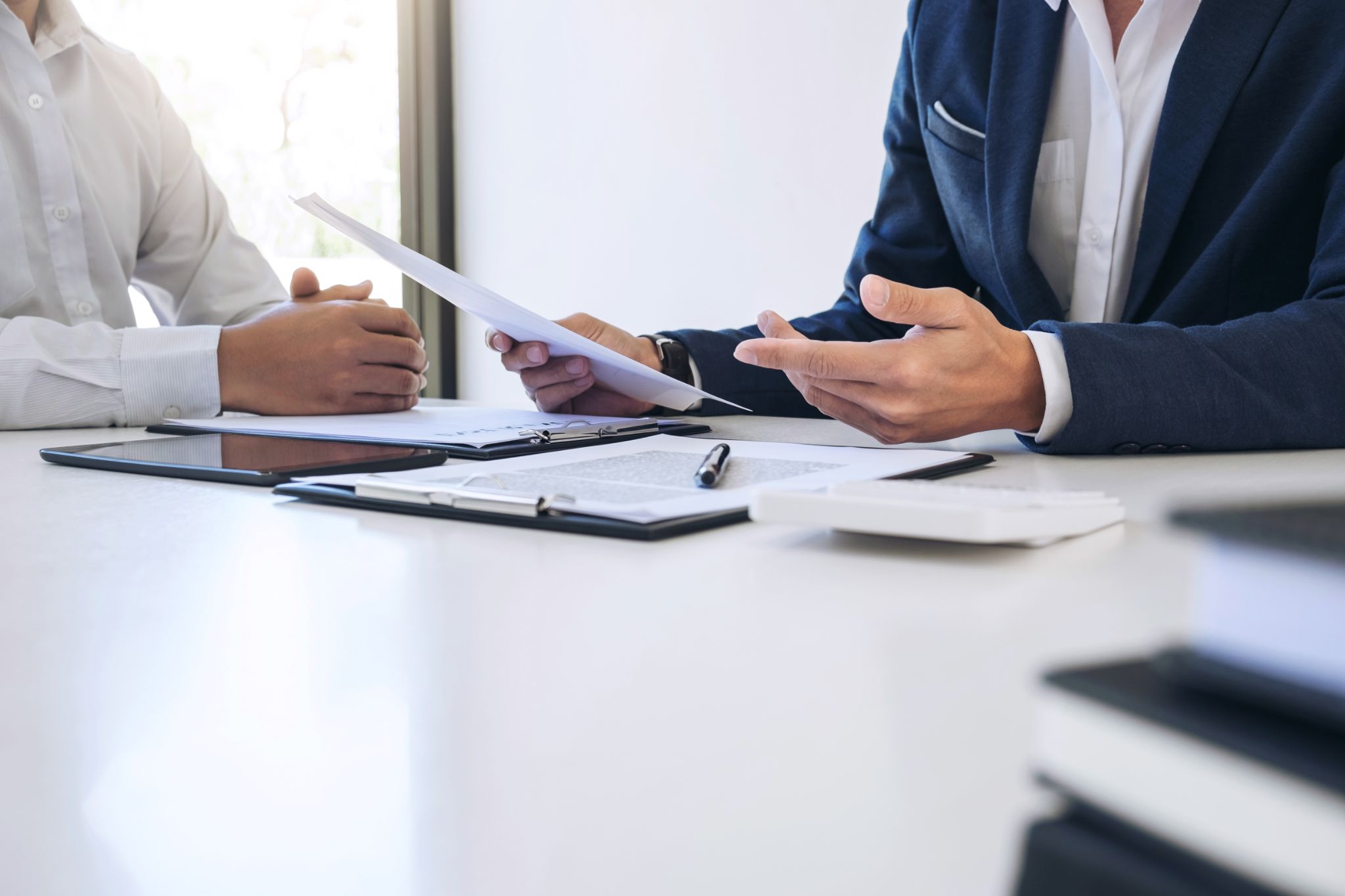 Agent man presentation and consulting insurance detail to customer