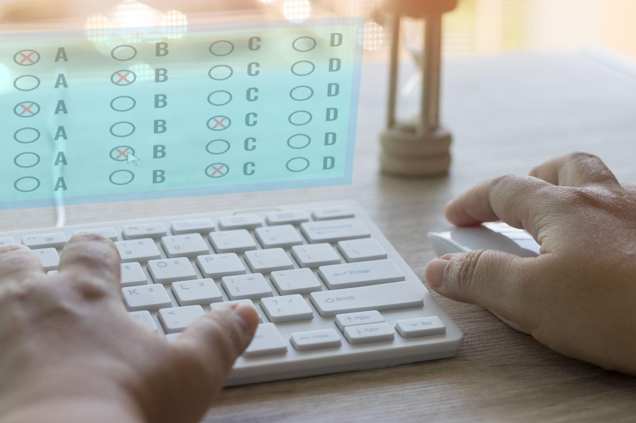 adult student do test examination with multiple choice questions on virtual screen at home.