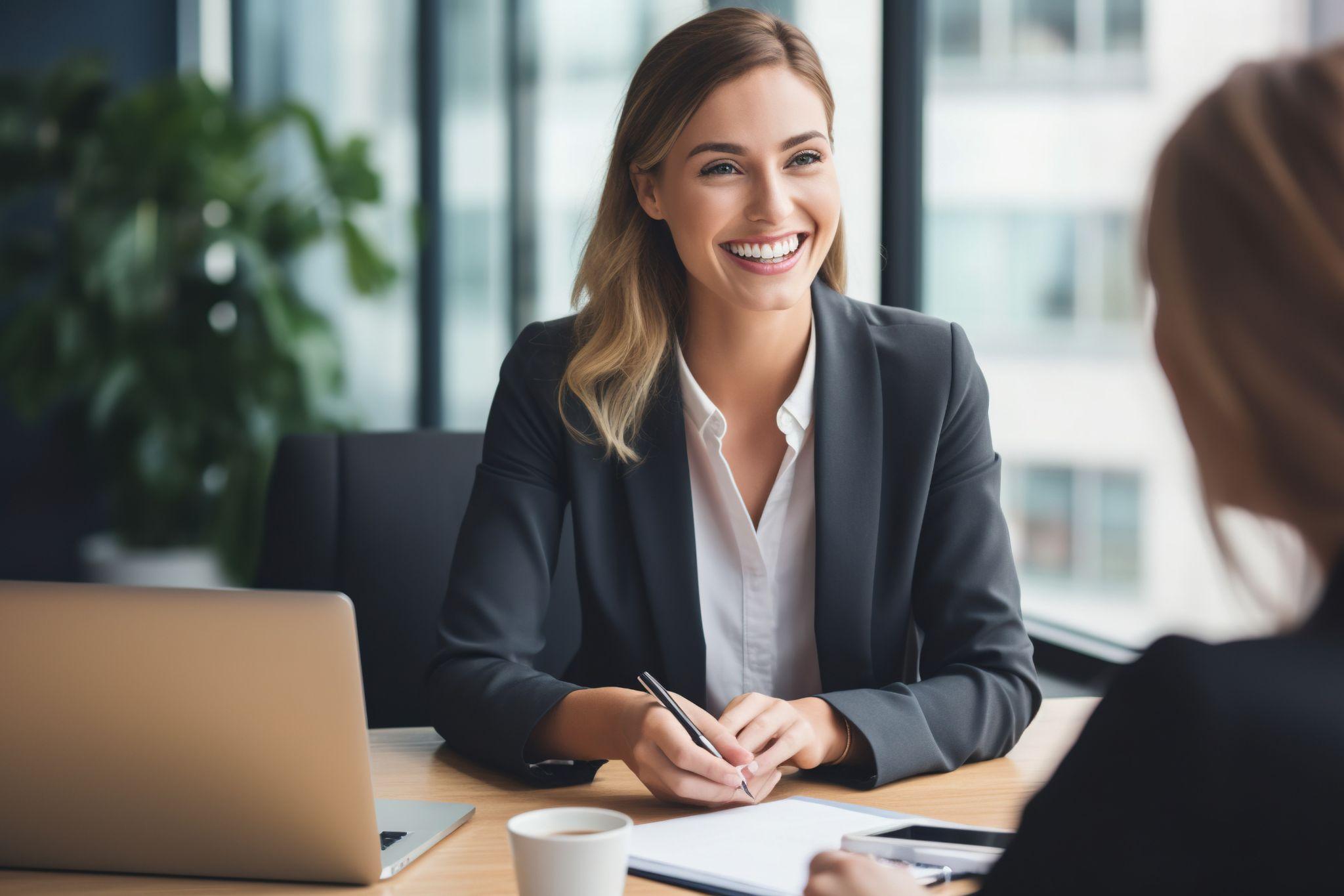 Female hiring manager interviewing a job candidate in her office